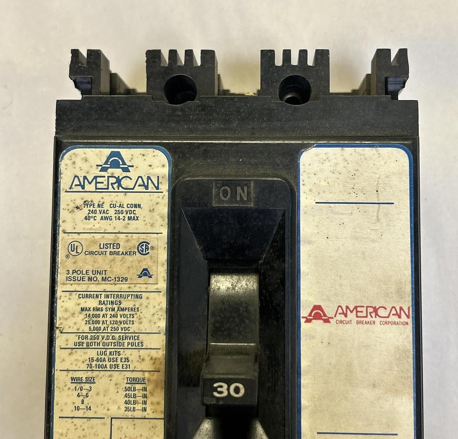 Used AMERICAN,NE331030,CIRCUIT BREAKER 30A 240V 3P