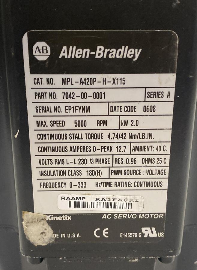 Used ALLEN BRADLEY,MPL-A420P-H-X115,SER A SERVO MOTOR 5000RPM REFURBISHED