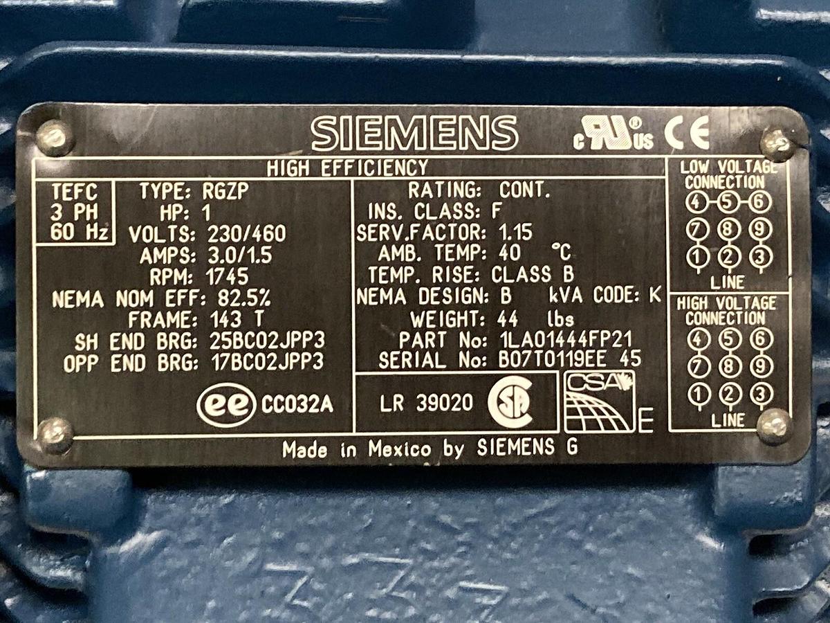 Siemens,ETF5911,1 HP Epact Efficiency Motor Type RGZP 1745 RPM 143T Frame