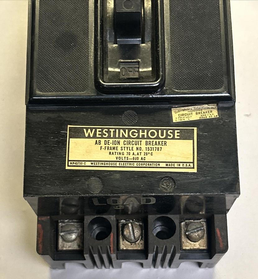 Used WESTINGHOUSE,1531787,CIRCUIT BREAKER 70AMP 600V 3P