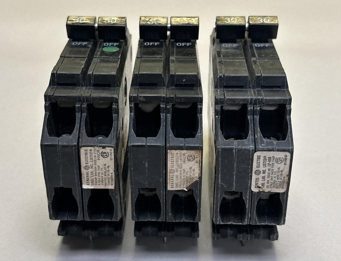 Used GENERAL ELECTRIC,THQP230,CIRCUIT BREAKER 30A 120/240V 2P LOT OF 3