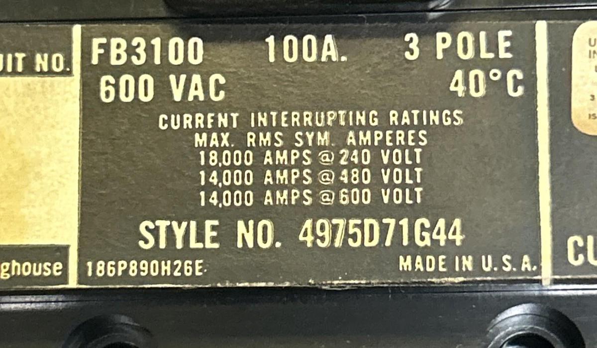 Used WESTINGHOUSE,FB3100,CIRCUIT BREAKER 100A 600V 3P