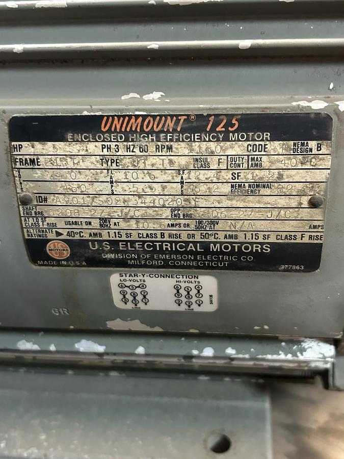 Used US MOTORS,A901/S02K344D205F,MOTOR 5HP 460V 1160RPM 3PH 215T FRAME