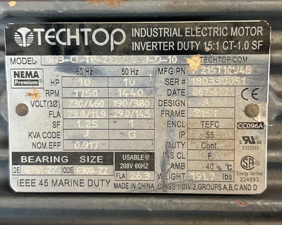 Used TECHTOP,GR3-CI-TF-215,ELECTRIC MOTOR 10HP 1750RPM 230/460V 215T FRAME