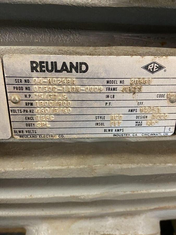 Used Reuland,0750G-1ABN-0009,Motor 75/37.5Hp 1800/900RPM 460V Frame 405TS