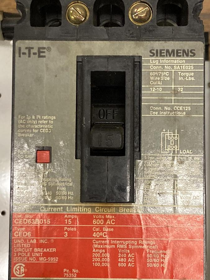 Used ITE Siemens,Model 95 36-89033,30 Amps Size 1 18 INCH Dual Disconnect Bucket