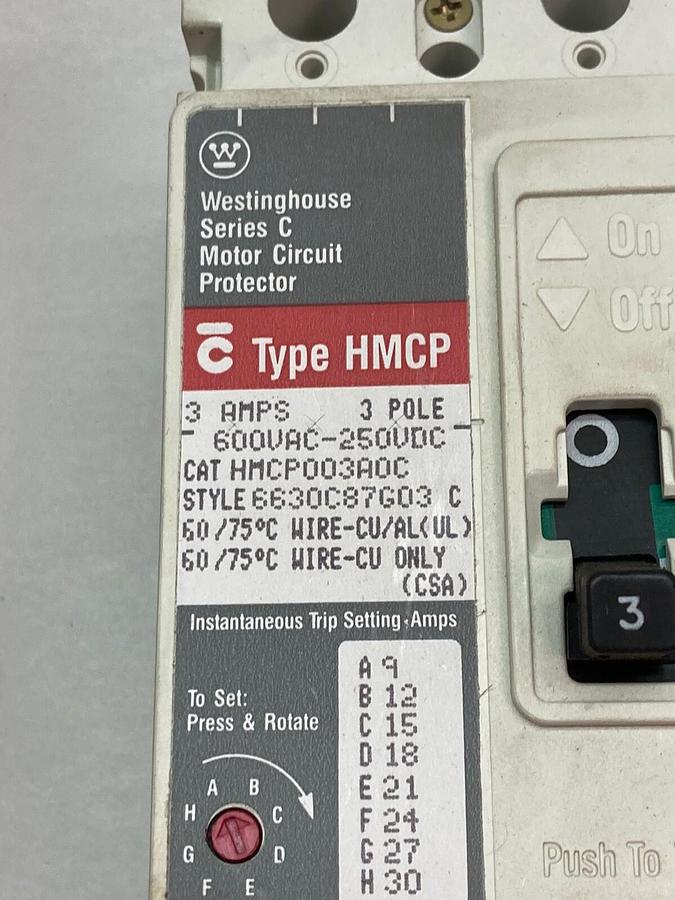 Used Eaton Cutler-Hammer,HMCP030H1C,Circuit Breaker 30A / 600VAC