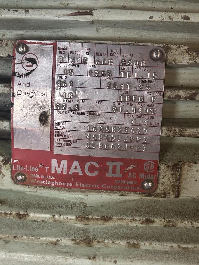 Used WESTINGHOUSE,1636B27G30,AC MOTOR 15HP 460V 1765RPM 3PH 254T FRAME