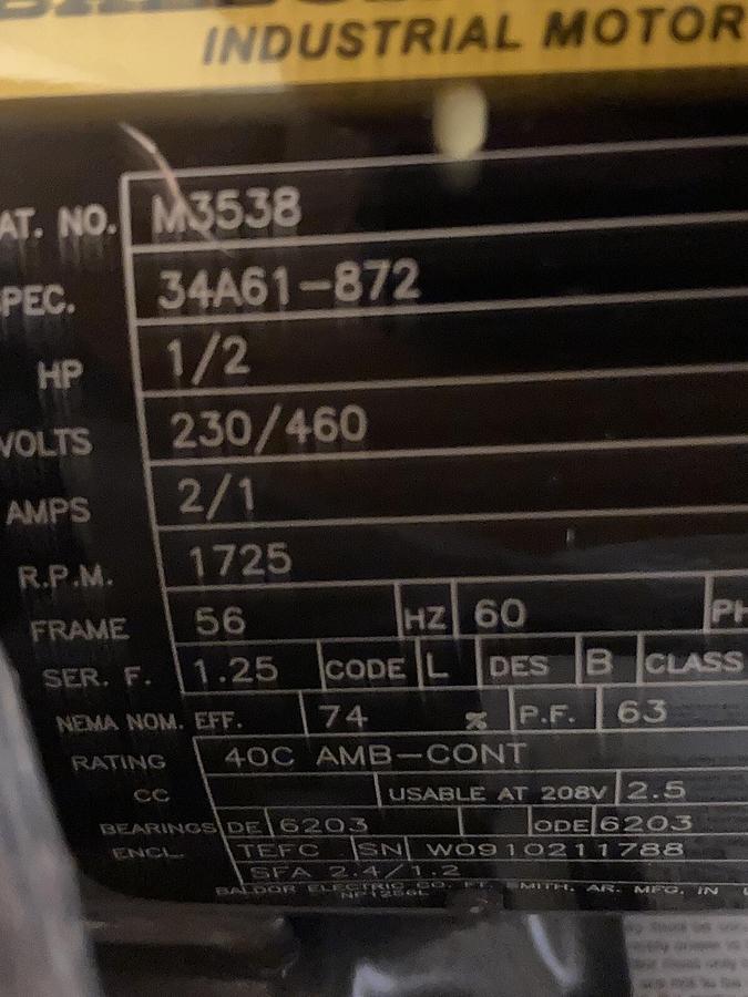 Used Baldor-Reliance,M3538,3-Phase General Purpose Motor 1/2 Hp 56 Frame 230/460V