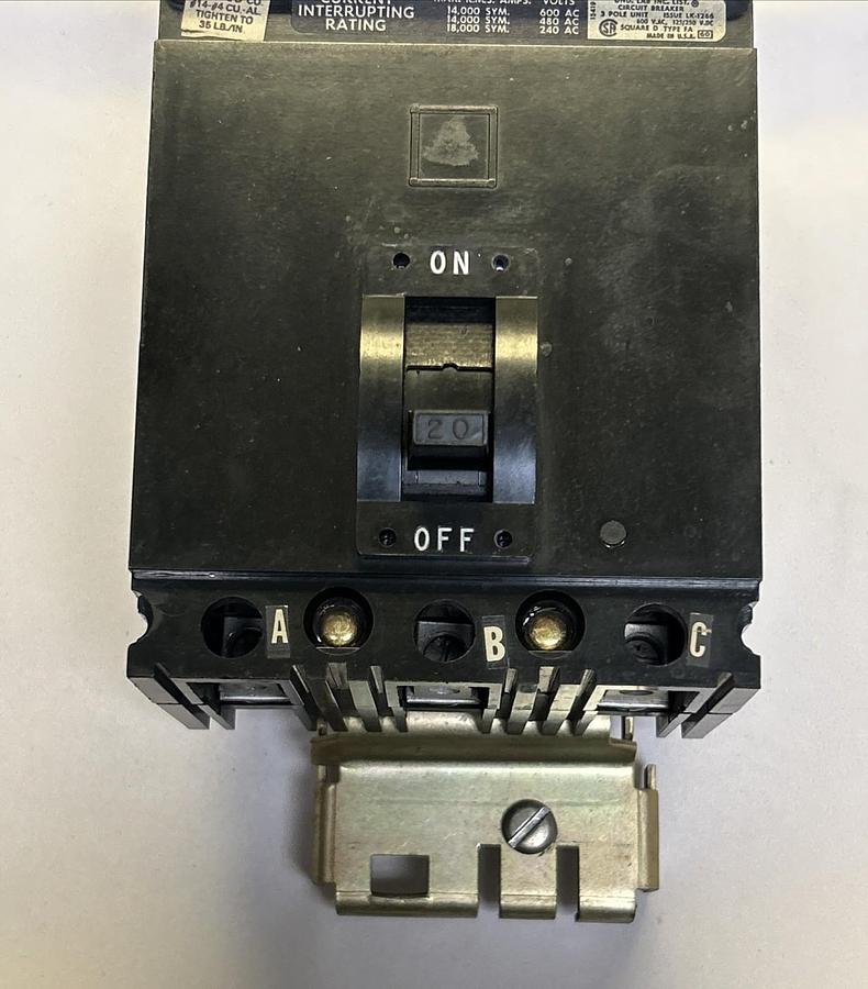 Used SQUARE D,FA36020,I-LINE CIRCUIT BREAKER 20A 600V 3P