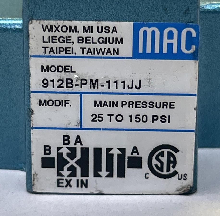 Used MAC VALVES,912B-PM-111JJ,SOLENOID VALVE 25-150 PSI