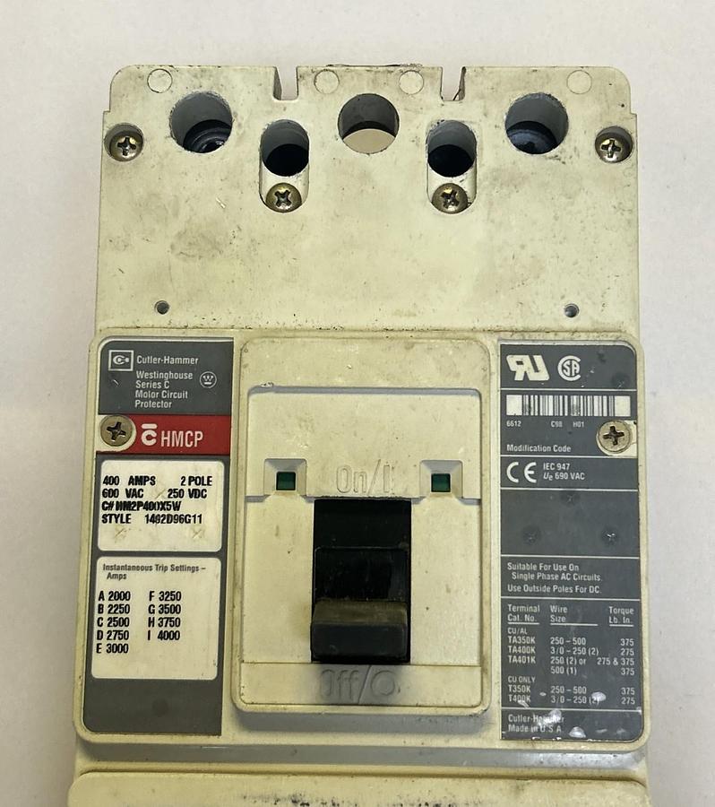 Used CUTLER HAMMER,HM2P400X5W,CIRCUIT BREAKER 400A 600V 2P