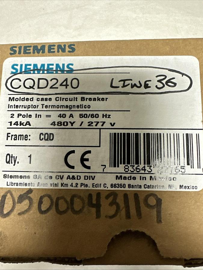 Used Siemens,CQD240,40A 2 Pole Circuit Breaker NEW