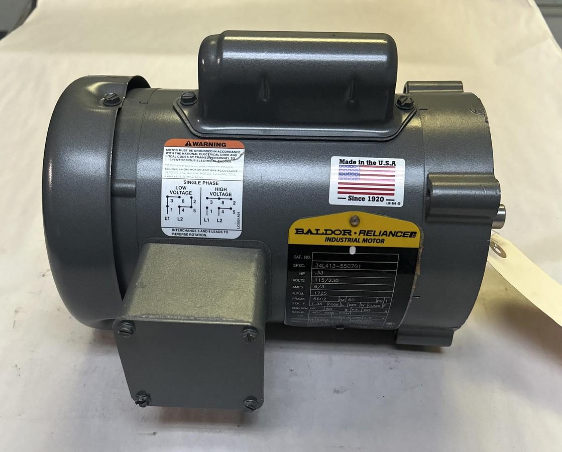 Used BALDOR,34L413-5507G1,MOTOR 1/3HP 1725RPM 115/230V 1PH 56CZ FRAME