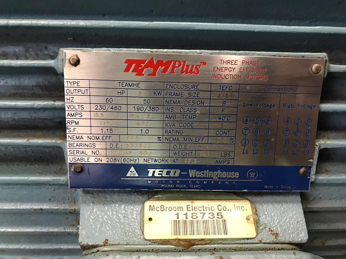 Used Teco Westinghouse TeamPlus,230/460V Fr 213T,5HP Induction Motor 1180RPM