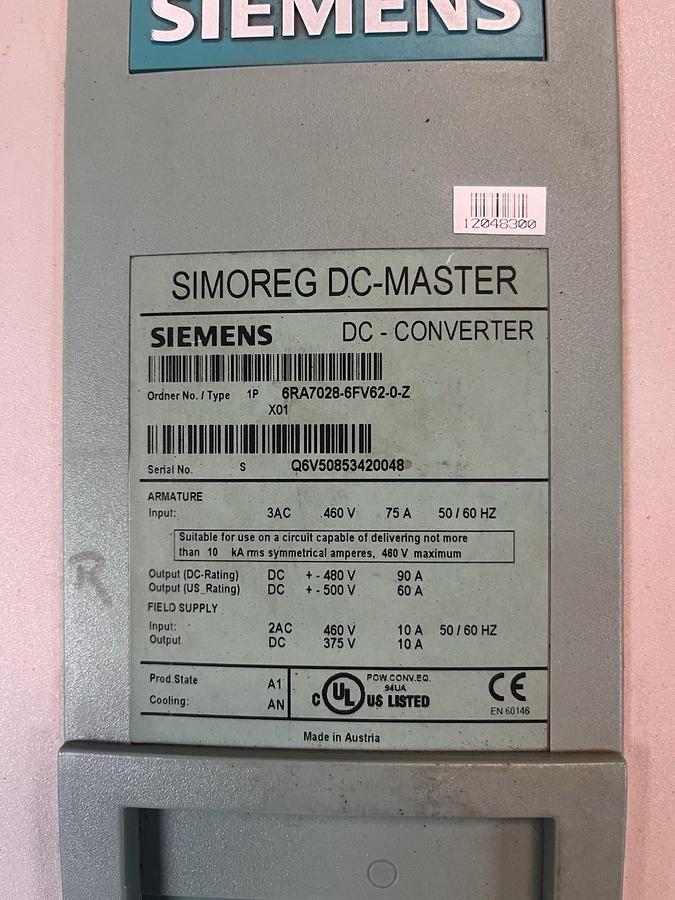 Used SIEMENS,6RA7028-6FV62-0-Z,SIMOREG DC CONVERTER DRIVE OUTPUT 550VDC 90A