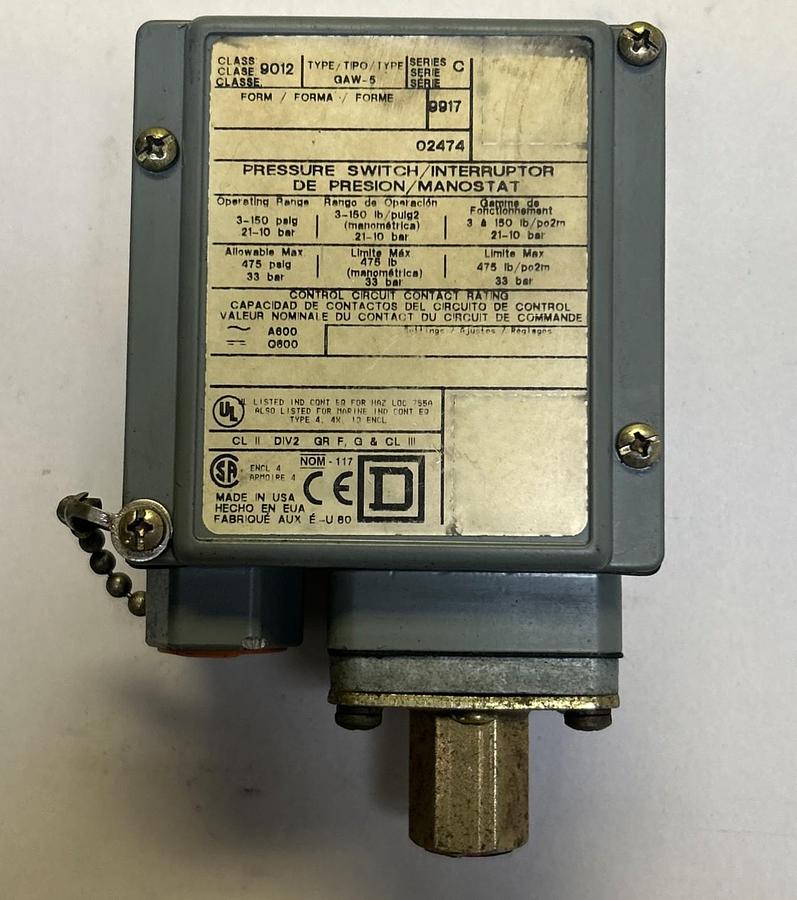 Used SQUARE D,9012GAW5,PRESSURE SWITCH