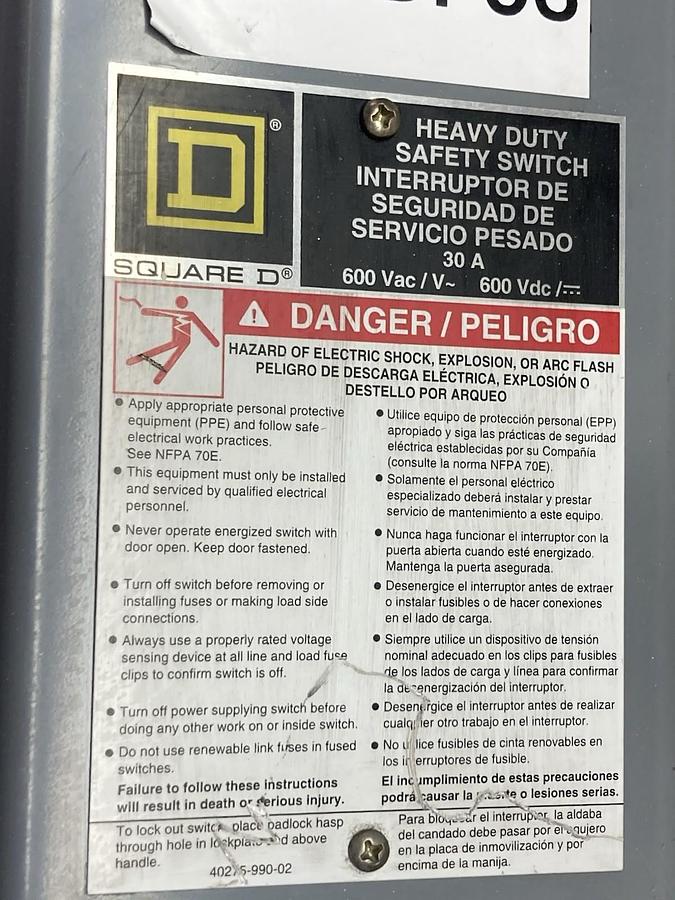 Used Square D,H361N,Heavy Duty Safety Switch 30A 600Vac