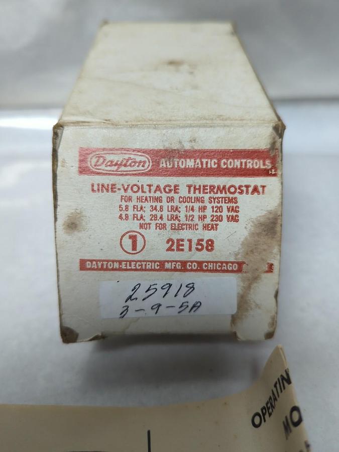 DAYTON,2E158,LINE-VOLTAGE THERMOSTAT HEATING-COOLING NOS