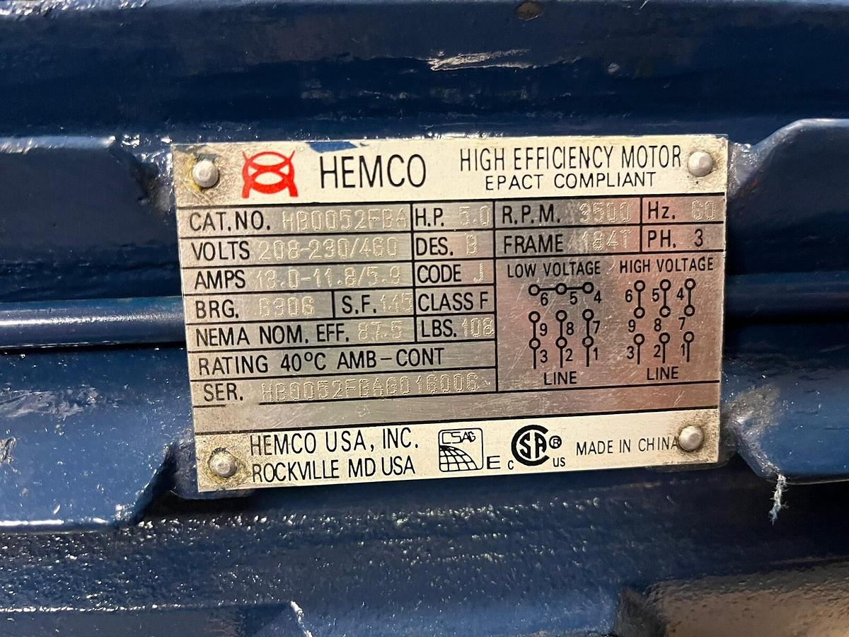 Used HEMCO,HB0052FBA,5HP MOTOR 3500RPM 3PH 184T