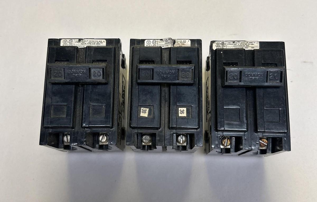 Used WESTINGHOUSE,HACR220,CIRCUIT BREAKER 20A 120/240V 2P LOT OF 3