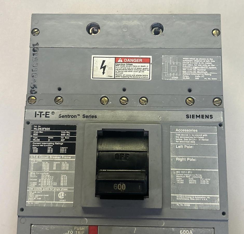 Used SIEMENS,HLD63F600,CIRCUIT BREAKER 600A 600V 3P