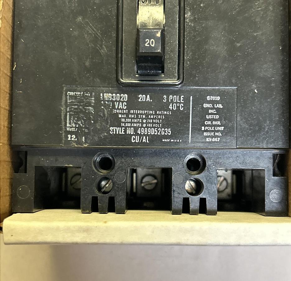 Used WESTINGHOUSE,EHB3020,CIRCUIT BREAKER 20A 480V 3P