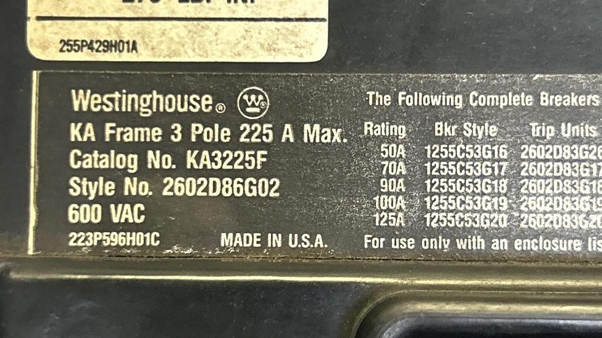 WESTINGHOUSE,KA3225F,CIRCUIT BREAKER FRAME ONLY 225A 600V 3P NOS