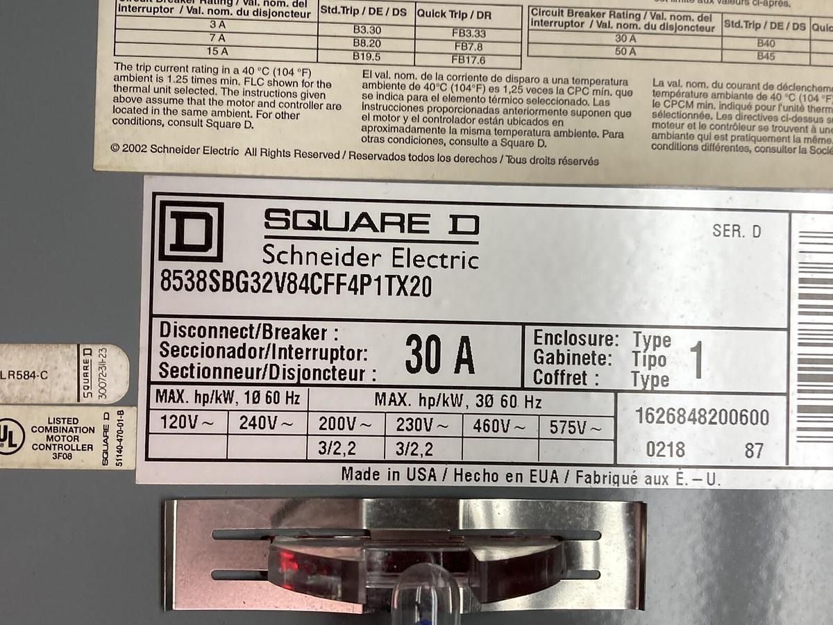 Square D,8538SBG32V84CFF4P1TX20,SIZE 0 Combination Starters Type 1 30A