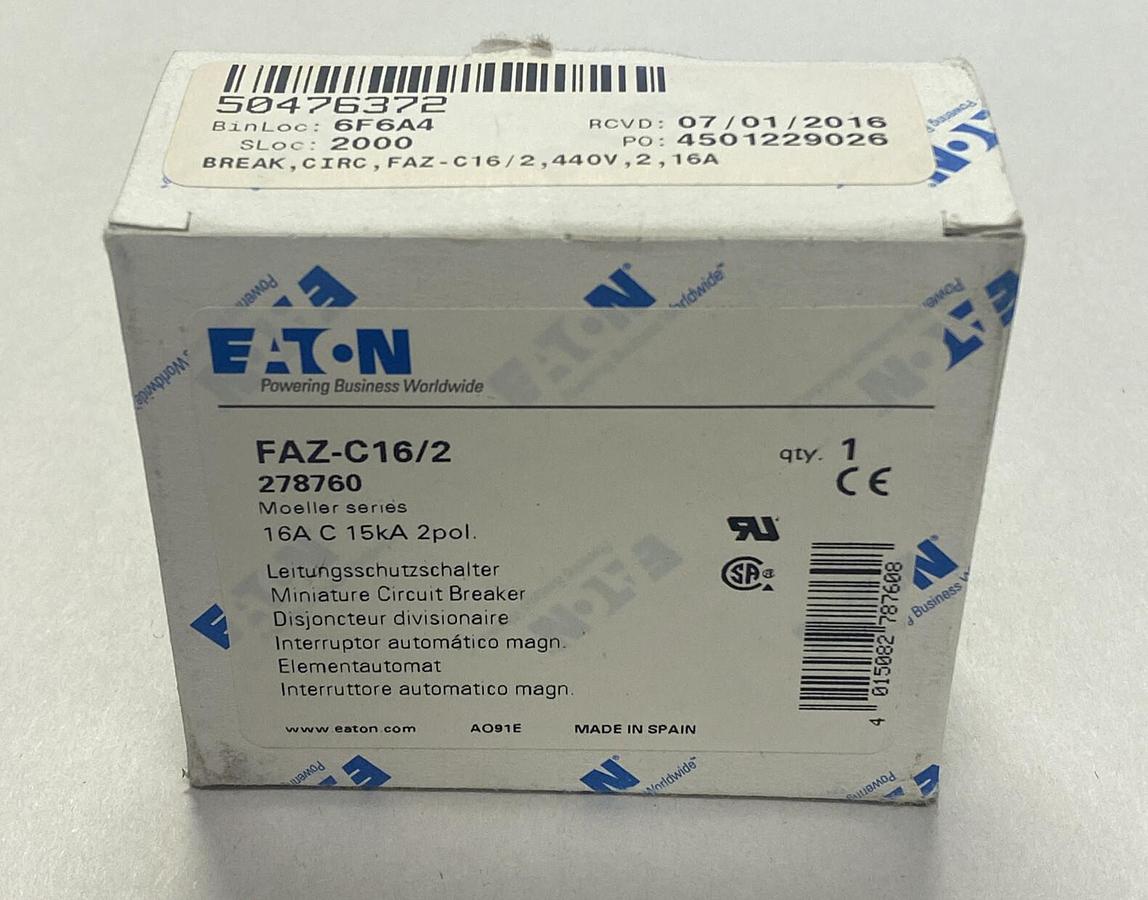 Used EATON,FAZ-C16/2,CIRCUIT BREAKER 16A 2P NEW