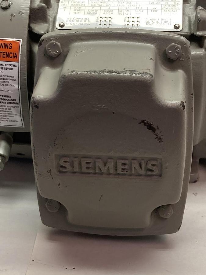 Used Siemens,1LE23211AB414AA3,3-Phase Electric Motor 2Hp 1740RPM 230/460V Frame 145T