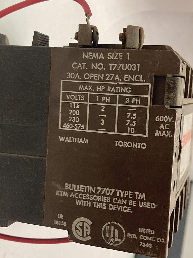 Used Sylvania,T77U031,Type TM Size 1 Motor Starter 27A