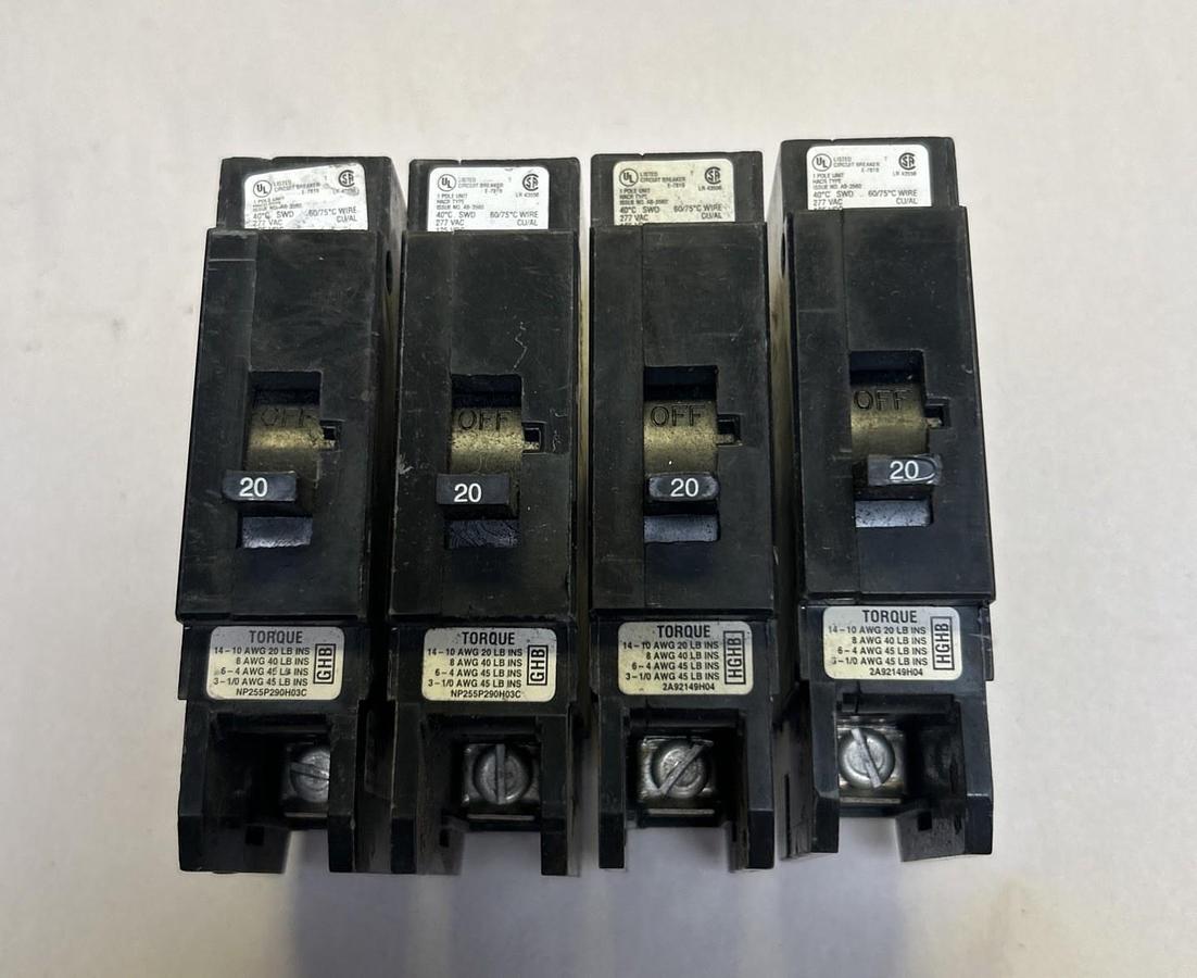 Used CUTLER-HAMMER,HGHB1020,CIRCUIT BREAKER 20A 277V 1P LOT OF 4