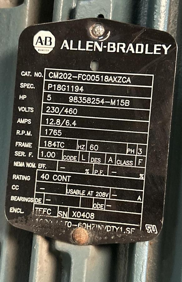 Used ALLEN BRADLEY,CM202-FC00518AXZCA,MOTOR 5HP 1765RPM 230/460V 3PH 184TC FRAME