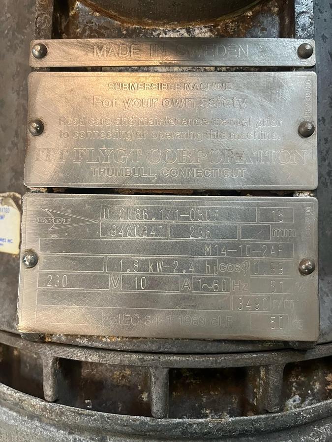 Used FLYGT,U-2066.171-0508,SUBMERSIBLE 3" PUMP 2.4HP 230V 1PH