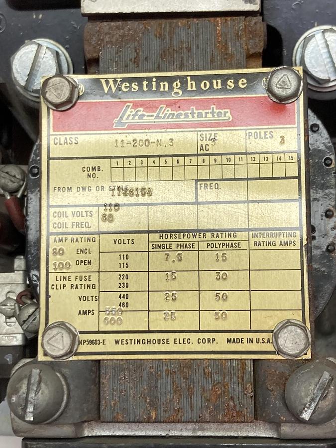 Used Westinghouse,11-200-N-3,Life-Linestarter Motor Size 3