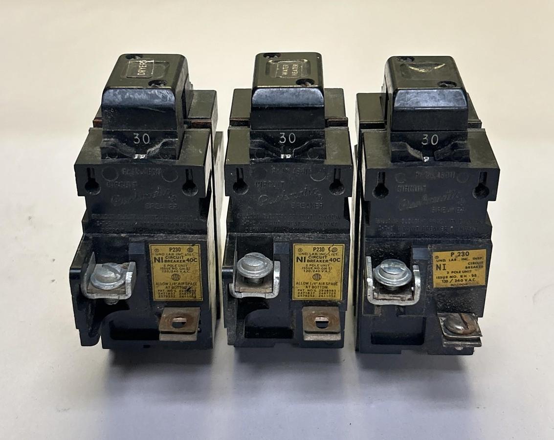 Used BULLDOG ELECTRIC,P230,PUSHMATIC CIRCUIT BREAKER 30A 120/240V 2P LOT OF 3