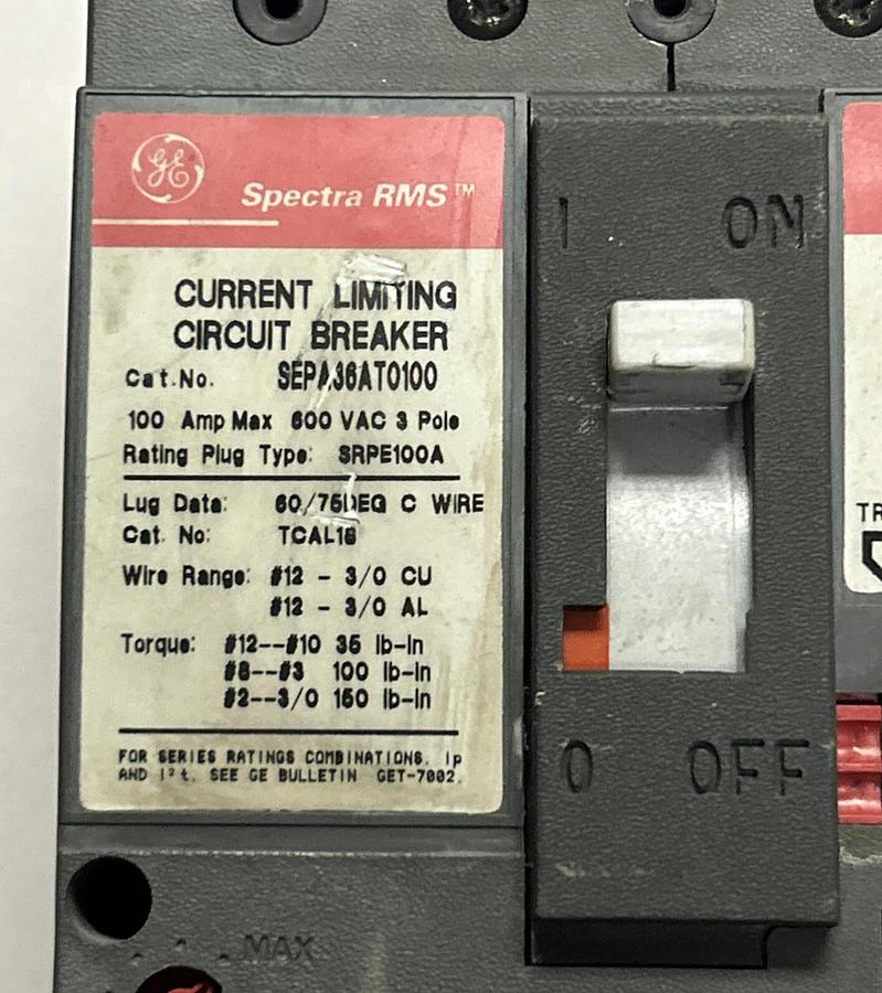 Used GENERAL ELECTRIC,CR2940UA200R,CIRCUIT BREAKER 100A 600V 3P