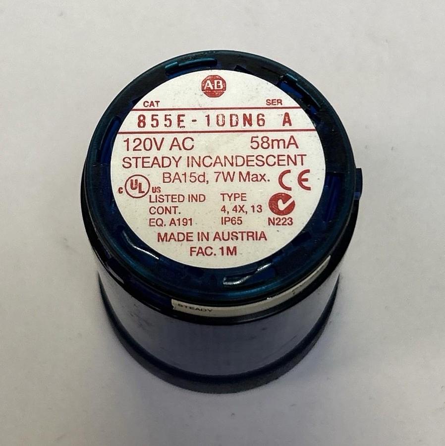 Used ALLEN BRADLEY,855E-10DN6,BLUE STEADY INCANDESCENT STACK LIGHT W/ 855E-LL24B LAMP