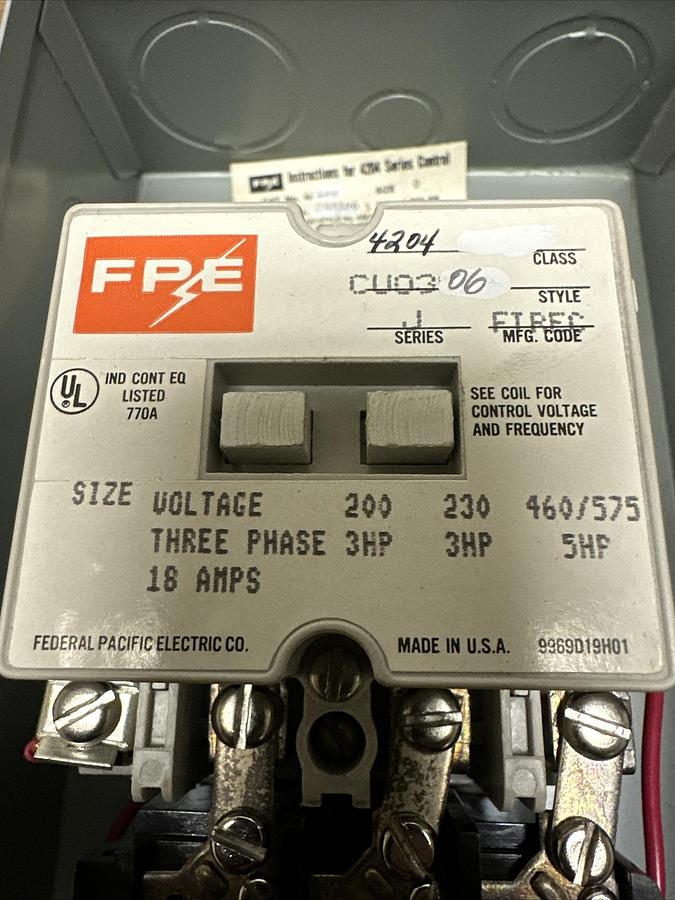 Used FPE,4204 CU0306,Size 0 Motor Starter Control w/Enclosure