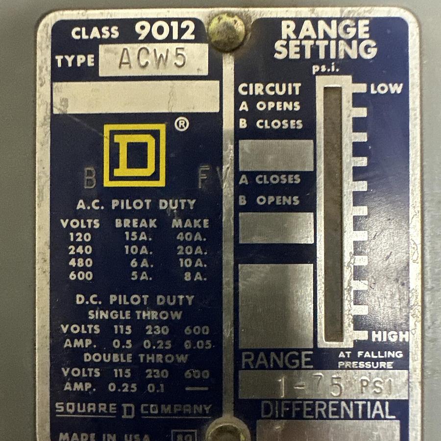 Used Square D,ACW5,Pressure Switch