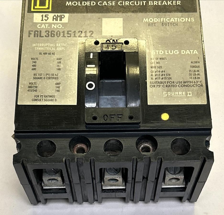 Used SQUARE D,FAL360151212,CIRCUIT BREAKER 15A 600V 3P