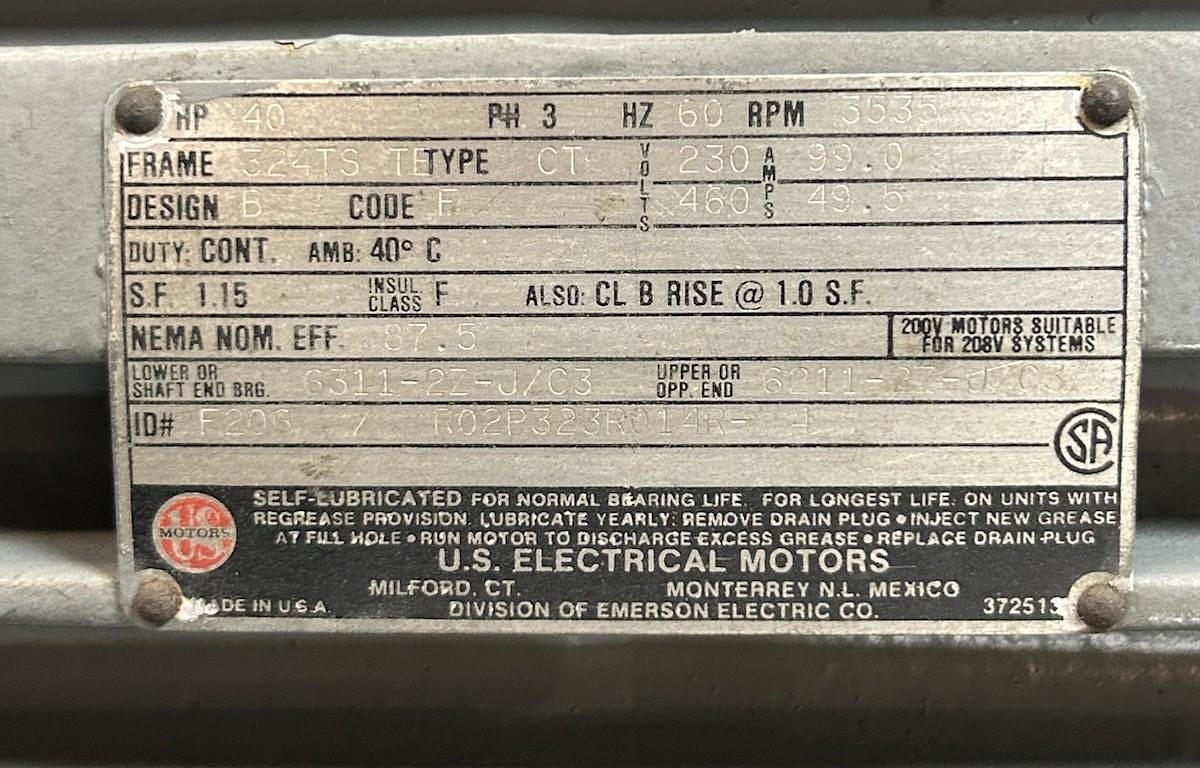 Used US ELECTRIC,F206/R02P32R014R-4,MOTOR 40HP 3535RPM 460V 3PH 324TS FRAME