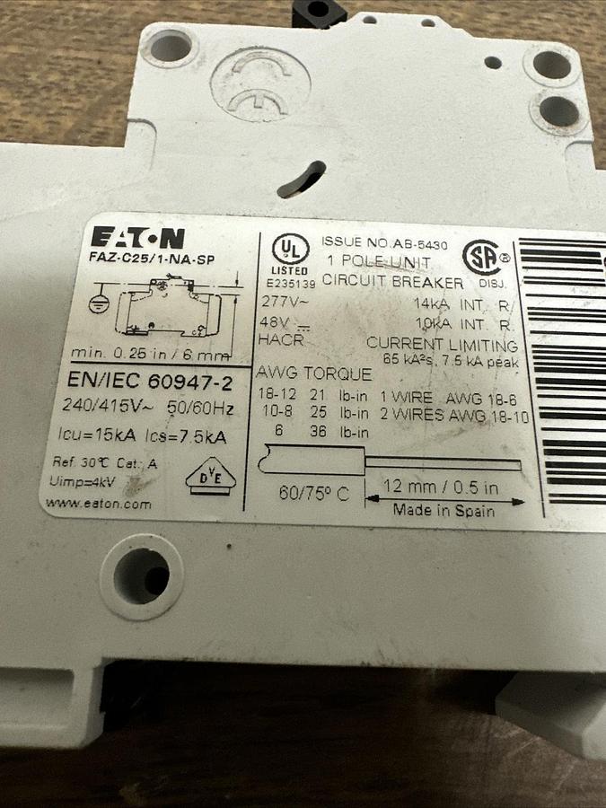 Used Eaton,FAZ-C25/1-NA,Circuit Breaker
