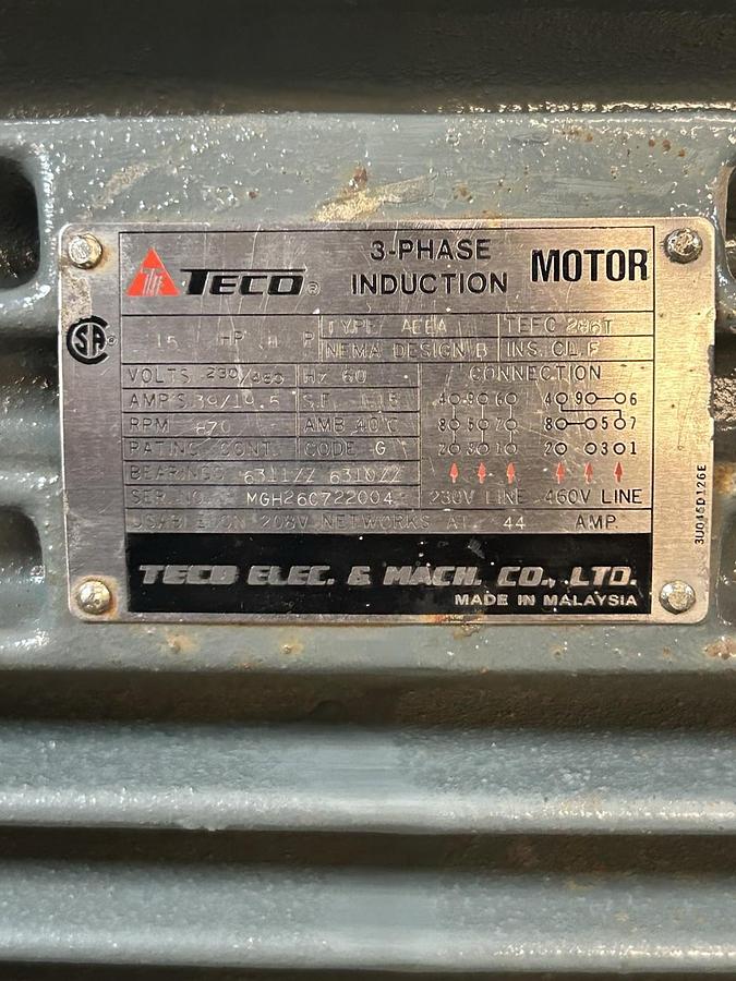 Used TECO,286T,INDUCTION MOTOR 15HP 230/460V 870RPM 3PH 286T FRAME