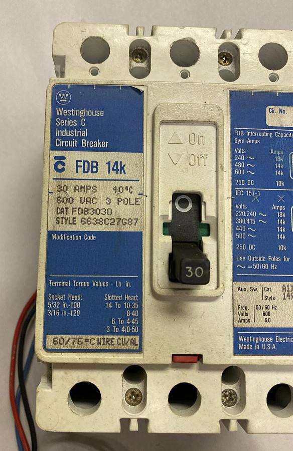 WESTINGHOUSE,FDB3030,CIRCUIT BREAKER 30A 600V 3P NOS
