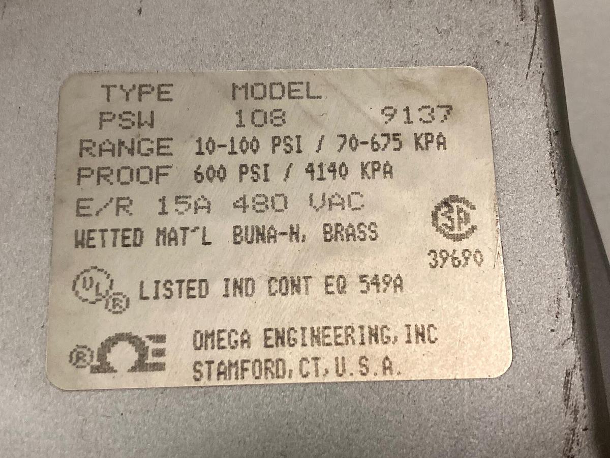 Used Omega,PSW-108,Pressure Switch 10-100 PSI