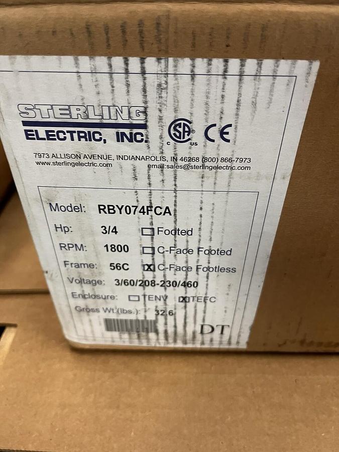 STERLING,RBY074FCA,ELECTRIC MOTOR 3/4HP 1800RPM 56C 3PH