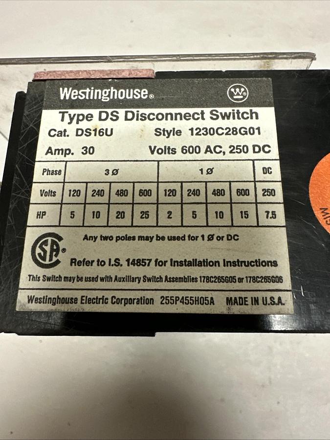 Used Westinghouse,DS16U,Disconnect Switch