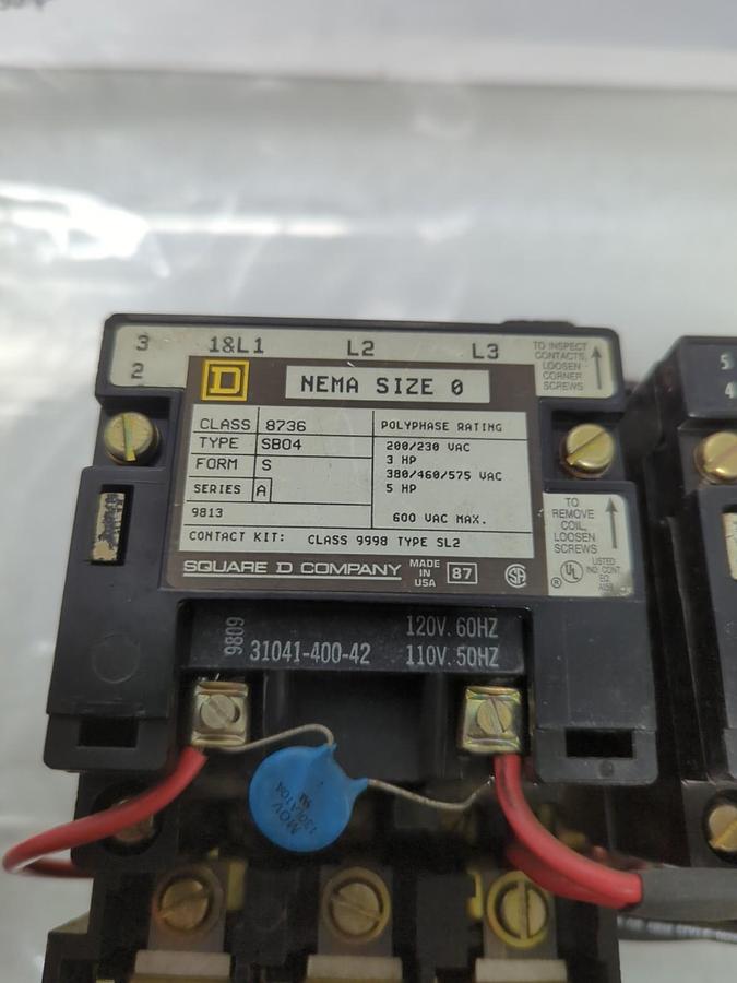 Used SQUARE D,8736SB04,SIZE 0 REVERSING STARTER 120V 60HZ COIL